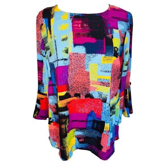ALI MILES Bright Artsy Abstract Print 3/4 Flutter Sleeve Blouse S Artsy Travel - Picture 1 of 12